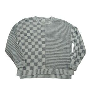 BKE Men's Size Medium Checkerboard Split Panel Knit Crewneck Sweater Grey Cream